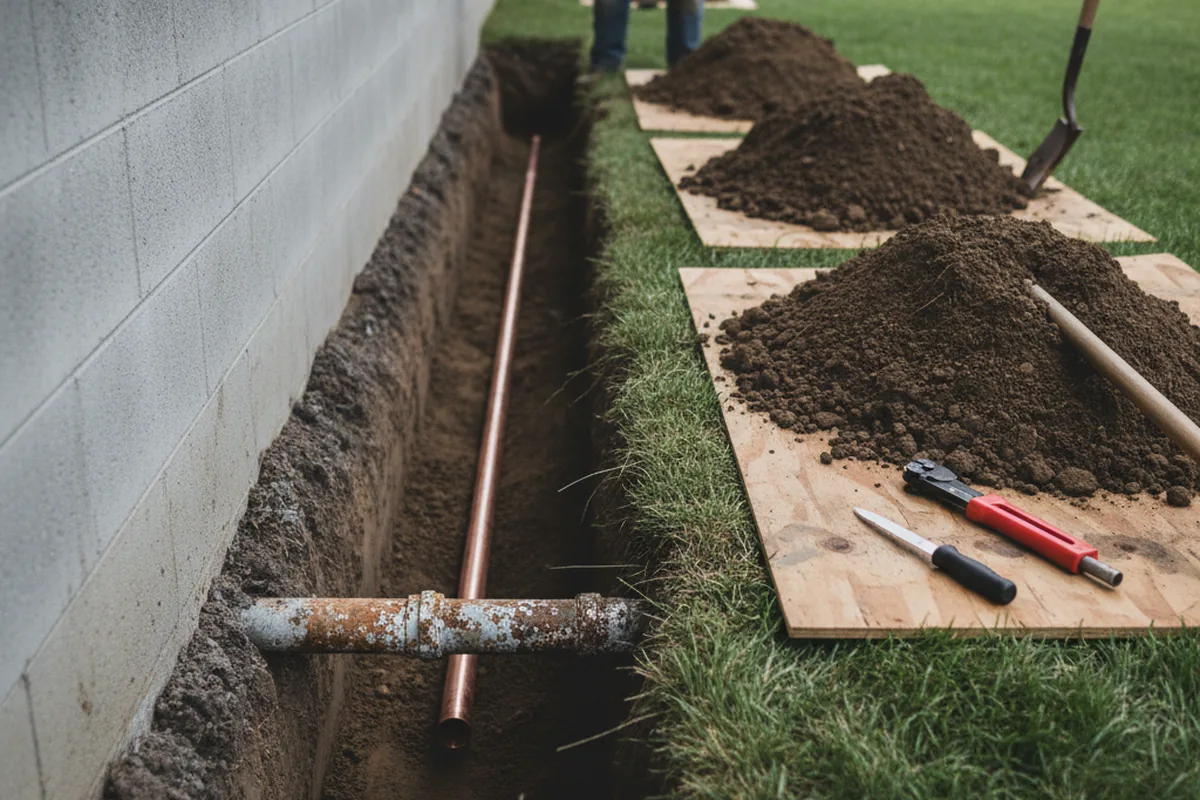 Excavated water line trench during Water Softener Installation in Silver Springs
